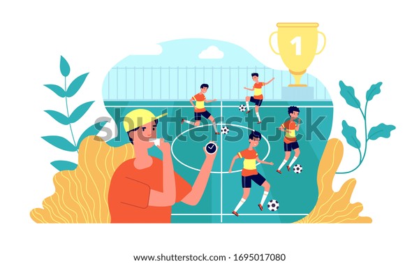 Kids football. Soccer play learning. Summer sport
camp, kids team playing on field. Children training, cartoon boy in
form vector concept