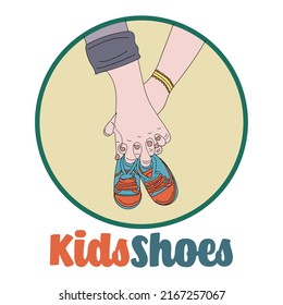 kids footwear logo, child shoes vector, colorful sketch drawing of kids fashion footwear, line art illustration of child footwear