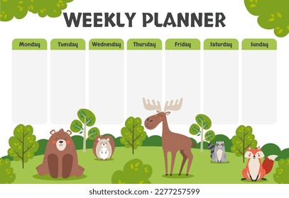 Kids forest animal planner template school week poster concept. Vector graphic design illustration
