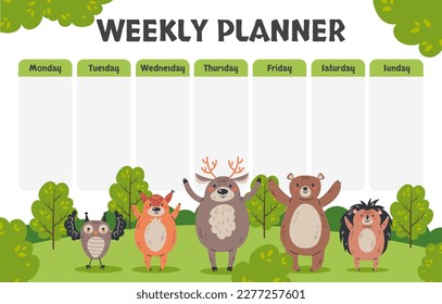 Kids forest animal planner template school week poster concept. Vector graphic design illustration
