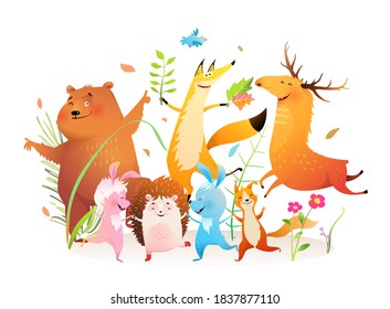 Fiesta de bailes de animales del bosque para niños, oso feliz, ardilla de conejo de zorro y discoteca de mascotas del bosque de hedgehog. Caricatura del estilo de las acuarelas vectoriales.