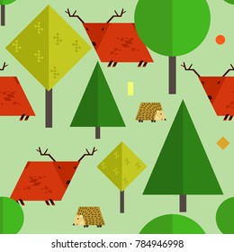 Kids forest seamless pattern with cute geometrical deers and hedgehogs. Animals and trees made of geometric shapes. Nice flat wild animals texture for textile, wrapping paper, backgound, surface