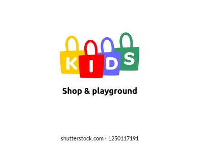 Kids with four bag shop and playground logo icon vector template illustration