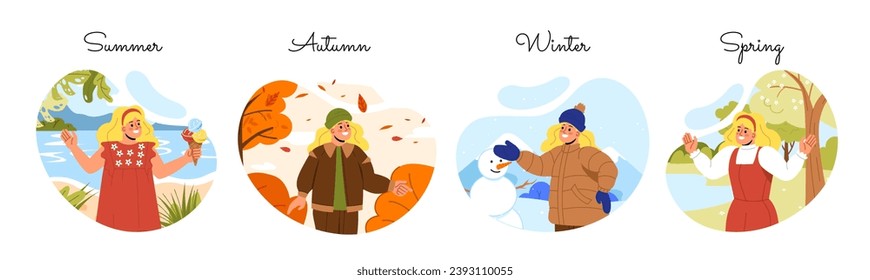 Niños en cuatro temporadas. Otoño, invierno, primavera y verano. Chica con ropa diferente. Niños con partes de año. Colección vectorial plana de dibujos animados aislada en fondo blanco