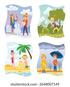 Crianças em quatro estações definidas: inverno, primavera, verão, outono. Crianças em ilustração de vetor de tempo diferente. Menina e menino construindo boneco de neve, em poça, construindo um castelo de areia, sob guarda-chuva