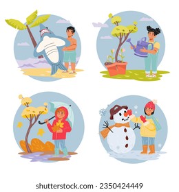 Kids four seasons of year activity, flat vector illustration isolated on a white background. Children play outdoors in summer and winter, spring and autumn.