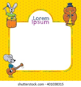 kids frame with animals, musician. cute kids frame template