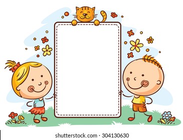 Kids with a frame with copy space