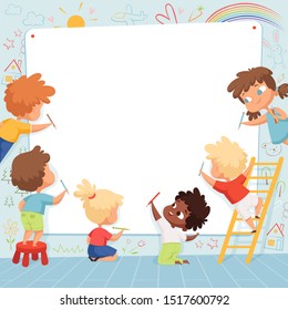 Kids Frame. Cute Characters Childrens Painting Drawing And Playing Empty Place For Text Vector Template