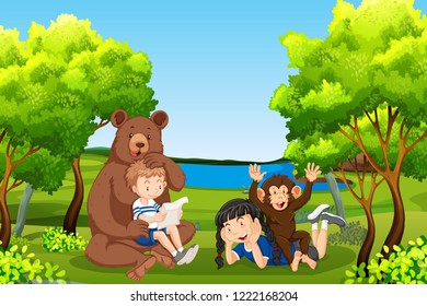 Kids with friendly animals in forest illustration