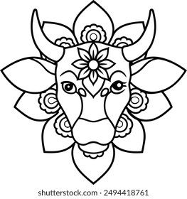 kids friendly bull coloring page simple line art cute cow head with flower mandala design pattern minimal vector clipart art kdp coloring interior