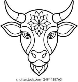 kids friendly bull coloring page simple line art cute cow head with flower mandala design pattern minimal vector clipart art kdp coloring interior