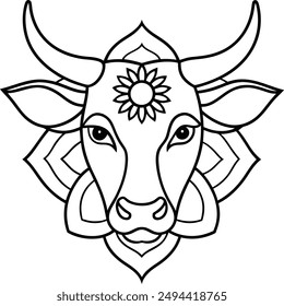 kids friendly bull coloring page simple line art cute cow head with flower mandala design pattern minimal vector clipart art kdp coloring interior