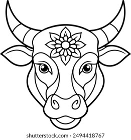 kids friendly bull coloring page simple line art cute cow head with flower mandala design pattern minimal vector clipart art kdp coloring interior