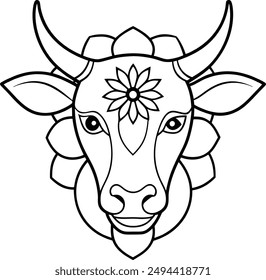 kids friendly bull coloring page simple line art cute cow head with flower mandala design pattern minimal vector clipart art kdp coloring interior