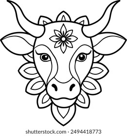 kids friendly bull coloring page simple line art cute cow head with flower mandala design pattern minimal vector clipart art kdp coloring interior