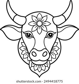 kids friendly bull coloring page simple line art cute cow head with flower mandala design pattern minimal vector clipart art kdp coloring interior