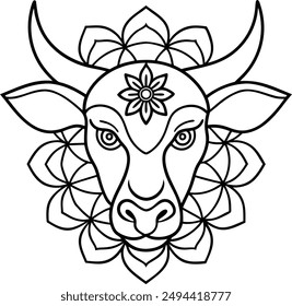 kids friendly bull coloring page simple line art cute cow head with flower mandala design pattern minimal vector clipart art kdp coloring interior