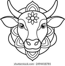 kids friendly bull coloring page simple line art cute cow head with flower mandala design pattern minimal vector clipart art kdp coloring interior