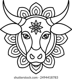 kids friendly bull coloring page simple line art cute cow head with flower mandala design pattern minimal vector clipart art kdp coloring interior