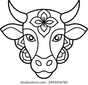 kids friendly bull coloring page simple line art cute cow head with flower mandala design pattern minimal vector clipart art kdp coloring interior