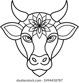 kids friendly bull coloring page simple line art cute cow head with flower mandala design pattern minimal vector clipart art kdp coloring interior