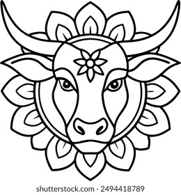 kids friendly bull coloring page simple line art cute cow head with flower mandala design pattern minimal vector clipart art kdp coloring interior