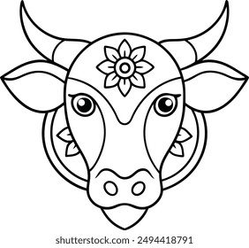 kids friendly bull coloring page simple line art cute cow head with flower mandala design pattern minimal vector clipart art kdp coloring interior