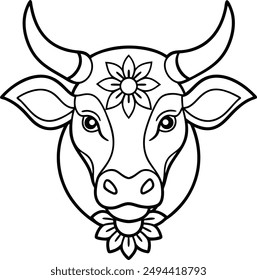 kids friendly bull coloring page simple line art cute cow head with flower mandala design pattern minimal vector clipart art kdp coloring interior