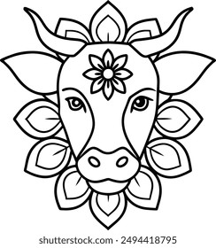 kids friendly bull coloring page simple line art cute cow head with flower mandala design pattern minimal vector clipart art kdp coloring interior