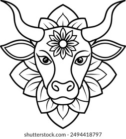 kids friendly bull coloring page simple line art cute cow head with flower mandala design pattern minimal vector clipart art kdp coloring interior