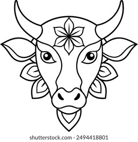 kids friendly bull coloring page simple line art cute cow head with flower mandala design pattern minimal vector clipart art kdp coloring interior