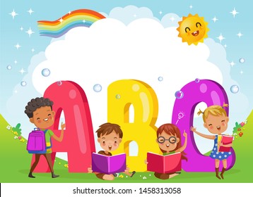 Kids with friends and abc letters. Design of figures and children's cartoon characters.Vector Illustration Isolated on the background of the sky, the sun and the rainbow across the clouds.	