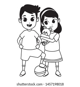 Kids friends boy and girl playing with ball and smiling cartoons