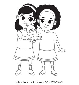 Kids friends girls with teddy playing and smiling cartoon vector illustration graphic design