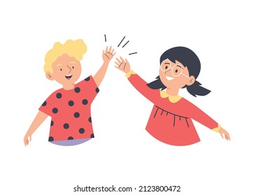 Kids friends giving high five. Cheerful children happy of game results, success or meeting, flat cartoon vector illustration isolated on white background.