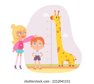 Kids Friends Measure Height With Ruler And Cheerful Giraffe Vector Illustration. Cartoon Girl Standing With Baby Boy, Chart Of Progress Growth With Scale In Inches And Animal Isolated On White.