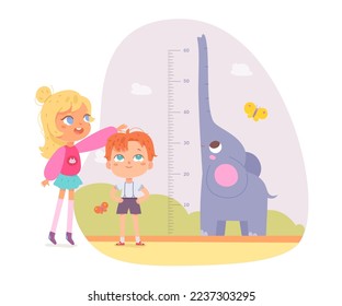 Kids friends measure height with ruler and cheerful elephant vector illustration. Cartoon girl standing with baby boy, chart of progress growth with scale in inches and animal isolated on white.