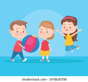 Kids friends playing with ball and smiling cartoons on blue background vector illustration graphic design.