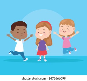 Kids friends playing and smiling cartoons on blue background vector illustration graphic design.