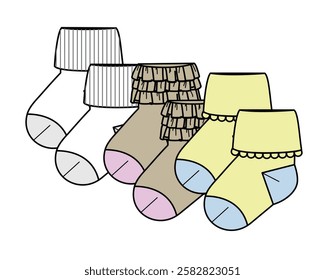 Kids frilly socks, ribbed socks and roll over socks vector design technical illustration by adobe illustrator.