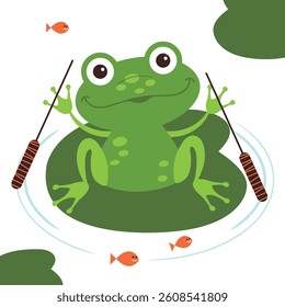 Kids Frog In The Pond. Cute characters in flat style. Vector illustration. White background