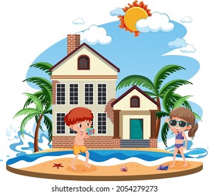 Kids in front of the beach house illustration