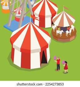 Kids in front of a circus tent 3d isometric vector illustration concept for banner, website, landing page, ads, flyer template