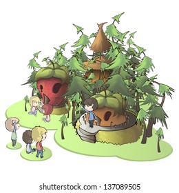 Kids in front of fruit houses on isolated background. Vector illustration.