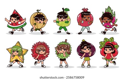 Kids with fruit costume vector illustration set