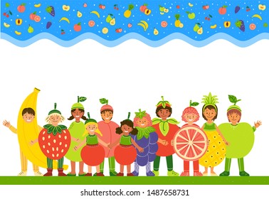 Kids in fruit costumes flat vector illustration. Smiling multiracial children dressed in  funny clothes cartoon characters. Healthy nutrition. Smiling boy and girls wearing fruit clothing