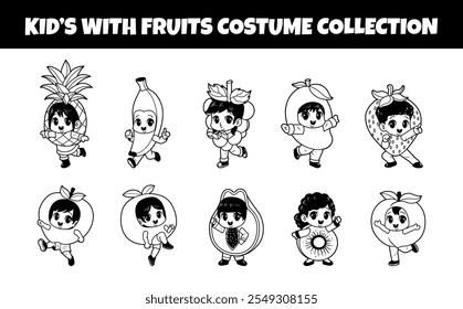 Kids with fruits costume outline vector illustration set