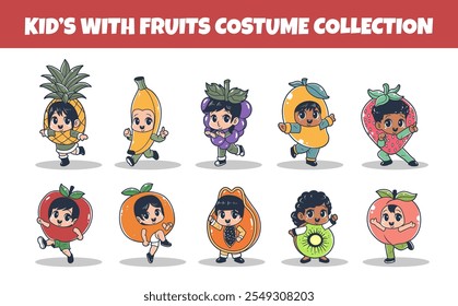 Kids with fruits costume vector illustration set