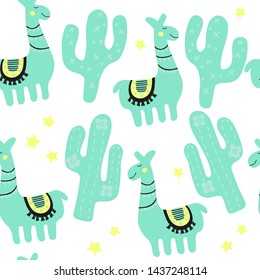 Kids fun characters texture. Mexico llama and cactus illustration. Blue hipster seamless pattern in scandinavian style. Nursery print for textile isolated on white background.